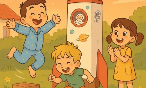 Ionuț, bărbat zâmbitor cu ochi mari și păr scurt castaniu, în pijama albastră cu steluțe, sare vesel pe un covor colorat ca un mic cangur; Mara, fetiță de circa 6 ani cu cozi și rochie galbenă cu buzunare, aplaudă entuziasmată în dreapta rachetei din carton; Andrei, băiat de circa 7 ani cu păr blond ciufulit și tricou verde, sare de pe o treaptă mică în stânga rachetei râzând; decorul e o grădină la sfârșit de după-amiază cu iarbă verde, flori simple, o casă în fundal și cer portocaliu-roz cu primele stele; în centru o rachetă mare din carton vopsită alb și roșu cu autocolante de astronauți și desene de planete, copii imaginând decolare într-o atmosferă jucăușă, culori calde și expresii vesele.