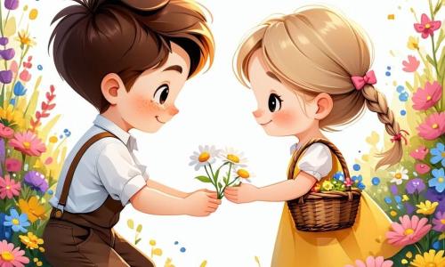 Un niño de 9 años, Lucas, con cabello castaño y ojos llenos de curiosidad, está de rodillas en un jardín colorido, rodeado de flores brillantes de todos los colores. Su rostro expresa alegría y asombro mientras toca delicadamente los pétalos de una margarita. A su lado, Clara, una niña de 9 años con trenzas rubias y una sonrisa radiante, sostiene una pequeña cesta llena de flores que acaba de recoger. Ella mira a Lucas con entusiasmo, lista para compartir sus conocimientos sobre las plantas. El jardín es un verdadero cuadro viviente, con árboles verdes, flores multicolores y mariposas revoloteando en el aire. El sol brilla, creando una atmósfera cálida y alegre. La situación principal muestra a Lucas y Clara descubriendo la belleza de la primavera, maravillándose ante la naturaleza que despierta y aprendiendo la importancia de proteger las flores y los insectos.