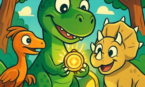 Un Tyrannosaurus Rex dal pelo verde scuro, con scaglie brillanti e occhi pieni di eccitazione, si trova al centro della scena, tenendo un amuleto scintillante tra le piccole zampe anteriori, con un'espressione curiosa e meravigliata. A destra, un Triceratopo gioioso, con corna maestose e pelle beige, guarda l'amuleto con un grande sorriso, mentre a sinistra, un Velociraptor agile, con piumaggio arancione vivace, osserva attentamente, pronta ad esplorare questo nuovo mondo. La scena si svolge in una foresta incantata, dove alberi dai tronchi spessi e foglie vibranti danzano dolcemente al vento, e fiori colorati si aprono e chiudono come piccole creature viventi. Il Tyrannosaurus Rex scopre un amuleto misterioso che brilla intensamente, rivelando un passaggio segreto verso un'avventura incredibile.