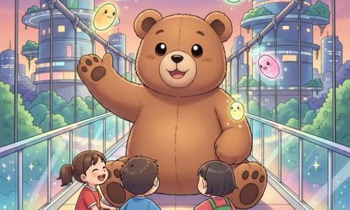 Un grande orso bruno di peluche realistico (personaggio principale), viso rotondo e occhi lucenti, espressione dolce e sorridente, seduto al centro di un ponte sospeso scintillante mentre racconta una storia indicando il cielo con una zampetta. Piccole lucciole personificate (personaggi secondari), ovali e dai colori cangianti, sorridenti e luminose, svolazzano attorno alle spalle dell'orso emettendo aloni verdi e blu. Tre bambini (personaggi secondari), un ragazzo e due ragazze, con vestiti colorati e acconciature semplici, meravigliati e ridenti, seduti a mezzaluna davanti all'orso con le mani giunte e lo sguardo rivolto a lui. Il ponte è fatto di materiale traslucido e iridescente con doghe luminose che cambiano colore, parapetti in vetro e piccoli neon integrati, aspetto liscio e magico. Sullo sfondo una città futuristica con torri arrotondate, finestre colorate, strade luminose a spirale e giardini pensili verdi, al crepuscolo con un cielo viola-arancione. La scena mostra l'orso che racconta ai bambini, luci del ponte che pulsano dolcemente, atmosfera calda, colori vivaci e forme semplici, composizione centrata e leggibile per un pubblico di 4 anni.