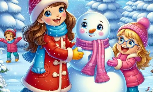 Una bambina di 5 anni, Sofia, con lunghi capelli castani e guance rosa, sta costruendo un grande pupazzo di neve in un parco innevato. Indossa un cappotto rosso vivo, una sciarpa blu e guanti gialli, il suo viso irradia gioia ed eccitazione. Accanto a lei, la sua migliore amica Giulia, anche lei di 5 anni, con capelli biondi e occhiali rotondi, ride lanciando una palla di neve, vestita con una giacca rosa e un berretto con pon-pon. Il parco è coperto da uno spesso strato di neve scintillante, con alberi maestosi le cui branche sono cariche di neve, e un cielo blu chiaro punteggiato di nuvole bianche. In lontananza, dei bambini giocano e fanno battaglie di palle di neve, mentre fiocchi di neve cadono dolcemente dal cielo. La scena principale mostra Sofia e Giulia in azione, ridendo e divertendosi insieme, mentre aggiungono dettagli al pupazzo di neve, come un cappello nero e bottoni colorati, creando così un momento magico e gioioso in pieno inverno.