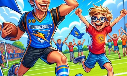 Jake, an athletic man with brown hair and sparkling eyes, stands at the center of the football field, a big smile on his face after scoring a spectacular goal. He wears a bright blue jersey with the Thunderbolts logo, black shorts, and shiny football shoes. Nearby, Timmy, an 8-year-old boy with messy blonde hair and glasses, jumps for joy with his arms raised, his eyes shining with admiration for his hero. He wears a red t-shirt and blue shorts, standing next to the goal, ready to cheer. The scene takes place on a green football field, surrounded by enthusiastic spectators, with flags waving in the wind and the bright colors of supporters' jerseys. The sky is blue with a few white clouds, adding to the joyful atmosphere. The main situation shows Jake celebrating his victory after scoring the decisive goal, while Timmy and other children cheer him on, creating a festive and energetic vibe.