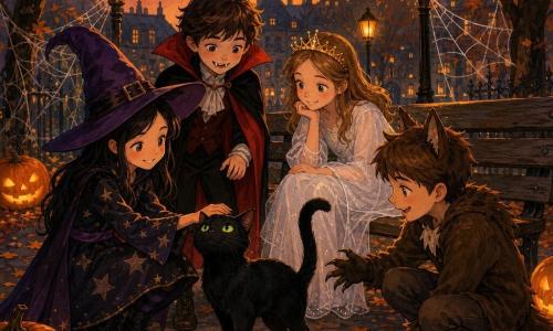 Hay cuatro niños: Lucía, ~10 años, pelo negro largo, sombrero de bruja morado y vestido negro con estrellas, a la izquierda tendiendo la mano para acariciar un gato negro; Mateo, ~10 años, tez pálida, capa roja de vampiro y dientes postizos, a su derecha sonriendo; Sara, ~9 años, vestido blanco translúcido de princesa fantasma y corona dorada, sentada en un banco detrás mirando al gato; Tomás, ~10 años, disfraz de lobo marrón con orejas de fieltro y guantes, agachado a la derecha del banco; están en un pequeño parque al anochecer con hoja caída, faroles cálidos, banco de madera y decoraciones de Halloween; en el centro un gato negro de pelo brillante y ojos verdes, cola levantada, mientras los niños se acercan sonriendo en una atmósfera cálida y ligeramente misteriosa.