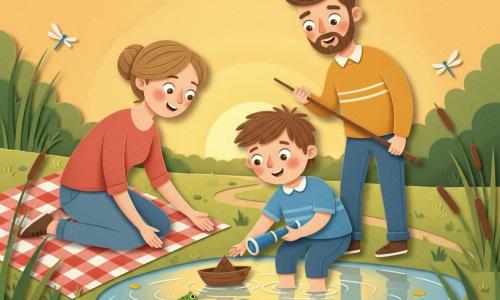 Un bambino di 6 anni, viso rotondo, capelli castani spettinati, espressione timida e gioiosa, grandi occhi nocciola, tiene un piccolo binocolo blu in una mano e una barchetta di corteccia nell'altra, accovacciato al bordo dell'acqua per recuperarla; la madre, circa 32 anni, capelli castani raccolti in un morbido chignon, sorriso tenero, seduta su una grande coperta a quadri rossa e bianca a sinistra del bambino, tende la mano per aiutare; il padre, circa 34 anni, barba corta, volto caldo, in piedi dietro e a destra con un lungo bastone sottile per spingere la barchetta verso riva, postura calma e protettiva; luogo: piccolo stagno tranquillo lungo un sentiero di campagna, acqua a specchio con riflessi dorati del sole basso, canne verdi, libellule, erba con piccoli fiori gialli; situazione: scena dolce e collaborativa, la famiglia parla a bassa voce per non spaventare una rana su una pietra e salva insieme la barchetta, atmosfera calda e pacifica al tramonto; stile visivo: carta ritagliata con strati di carta testurizzata, colori caldi e contrastati, contorni netti, ombre morbide, composizione centrata sul bambino e sulla barchetta.