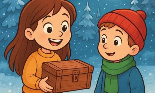O fetiță de 6 ani, Anca, cu părul lung și castaniu și un zâmbet radiant, stă într-o pădure acoperită de zăpadă. Ea ține în mâini o cutie veche de lemn, iar ochii îi strălucesc de curiozitate. Lângă ea, un băiat de 7 ani, prietenul ei, poartă o căciulă roșie și un fular verde și privește cutia cu uimire. În fundal, copacii acoperiți de zăpadă strălucesc sub lumina blândă a lunii. Scena se desfășoară într-o poiană unde zăpada proaspătă strălucește ca diamantele. Atmosfera este magică și liniștită, capturând spiritul Crăciunului și uimirea copiilor.