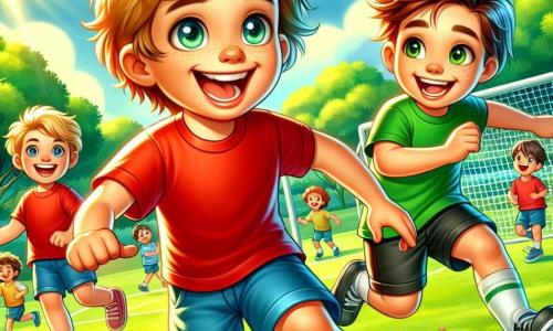 An 8-year-old boy, Tommy, with messy blonde hair and a big smile, is dribbling a soccer ball on a grassy field. He wears a red t-shirt and blue shorts, and his face shows contagious joy. Next to him, Max, another 8-year-old boy with brown hair and sparkling eyes, watches him with admiration, ready to receive the ball. Max is wearing a green t-shirt and black shorts, standing slightly back, prepared to run. The setting is a sunny soccer field surrounded by green trees and a bright blue sky. Children are playing in the background while parents cheer on the sidelines. The main scene shows Tommy enthusiastically dribbling the ball, while Max prepares to pass, illustrating their friendship and team spirit during the game.