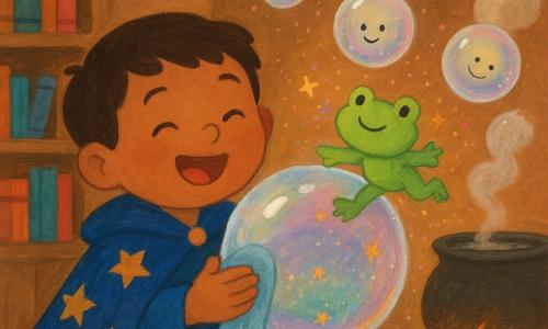 Nico es un aprendiz de brujo de 4 años, alegre y riendo, que lleva una gran capa azul con estrellas doradas y frota con un paño suave una visera redonda y brillante; la visera, como una burbuja de jabón transparente con reflejos iridiscentes y destellos dorados, estalla en burbujas y risas cuando una rana de peluche verde salta, dejando huellas estrelladas y pegándose al paño mientras baila junto a la mano de Nico; varias burbujas flotantes con caritas sonrientes y pequeños sombreros giran alrededor dejando estelas de purpurina rosa y dorada; la escena transcurre en una casita circular con estanterías de madera y libros de magia coloridos, una caldera humeante y una ventana redonda al cielo crepuscular, creando un ambiente cálido, lúdico y ligeramente encantado.