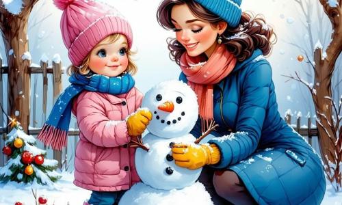 Una niña de 1 año, con grandes ojos brillantes y mejillas rosadas, está construyendo un muñeco de nieve en un jardín nevado. Lleva un abrigo rosa, una bufanda azul y guantes amarillos, y su rostro irradia alegría y asombro. Junto a ella, su madre, una mujer de unos 30 años, con cabello castaño y rizado, sonríe mientras sostiene una zanahoria que está a punto de colocar en el muñeco de nieve. Ella viste un abrigo azul y un gorro a juego, inclinándose ligeramente para estar a la altura de su hija. El jardín está cubierto de una gruesa capa de nieve brillante, con árboles cuyas ramas están cargadas de copos. El cielo es de un azul brillante, salpicado de algunas nubes blancas y esponjosas. La niña ríe mientras coloca bolas de nieve para formar el cuerpo del muñeco, mientras su madre la anima con ternura, creando una escena cálida y alegre del invierno.