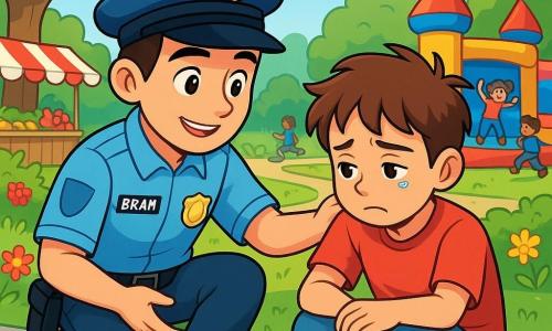 Een jonge politieagent, genaamd Bram, is een glimlachende man van ongeveer 10 jaar, gekleed in een lichtblauw uniform, een politiehoed en een glanzende badge op zijn borst. Hij zit in een hurkende positie met een vastberaden en vriendelijke uitdrukking terwijl hij met een verdrietige jongen praat die op een stoep zit. De jongen, Bas, is een 9-jarig kind met rommelig bruin haar en een rode t-shirt. Hij veegt een traan uit zijn oog terwijl hij hoopvol naar Bram kijkt. Op de achtergrond is er een charmant buurtpark vol levendige kleuren: groene bomen, stralende bloemen en kinderen die spelen in een groot springkasteel. Marktstands versierd met kleurrijke slingers staan aan de zijkant, wat een feestelijke sfeer toevoegt. De belangrijkste situatie toont Bram die Bas geruststelt en aanbiedt hem te helpen zijn verdwenen fiets terug te vinden, wat de geest van samenwerking en kameraadschap illustreert.