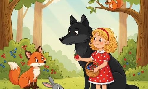 Een glimlachend dapper 4-jarig meisje met blond krullend haar en een rood jurkje met witte stippen houdt een klein rieten mandje met kleurrijke bessen en reikt een bes naar een grote zwarte wolf met glanzende vacht en zachte bruine ogen die verbaasd en verlegen zit met het hoofd iets scheef; een rossige vos met guitige ogen zit naast een struik en kijkt toe; een rode eekhoorn hangt aan een lage tak met een hazelnoot, voorovergebogen om beter te kijken; een grijs konijn zit op het gras bij het mandje met opgerichte oren; de scène speelt zich af in een zonnige bosopen plek met groen gras, wilde bloemen, boomstammen met structuur, zonnestralen door groene bladeren en struiken met rode en blauwe bessen; de hoofdactie toont het meisje dat op een zacht en vredig moment een bes deelt met de wolf, omringd door de andere dieren, warme en vriendelijke sfeer, felle kleuren en eenvoudige vormen geschikt voor jonge kinderen.