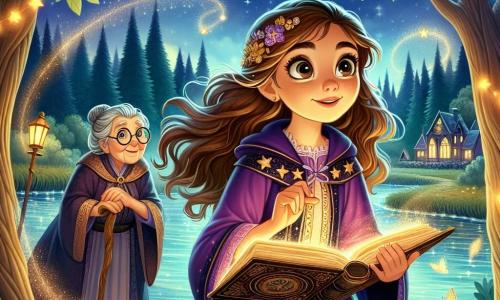 Młoda dziewczyna, Ariana, dziesięcioletnia uczennica czarownicy, stoi nad lśniącą rzeką pod gwiaździstym niebem. Jej długie brązowe włosy powiewają na wietrze, a oczy błyszczą ekscytacją i determinacją. Ma na sobie fioletową suknię czarownicy zdobioną złotymi gwiazdami i trzyma otwarty, stary grymuar w rękach, z brwiami zmarszczonymi od koncentracji. Obok niej stoi stara czarownica, jej babcia, z siwymi włosami upiętymi w kok i okrągłymi okularami. Obserwuje Arianę z życzliwym uśmiechem, z pomarszczonymi dłońmi opartymi na rzeźbionej drewnianej lasce. Sceneria jest czarująca: rzeka płynie łagodnie, otoczona majestatycznymi drzewami z luminescencyjnymi liśćmi, a świetliki tańczą w powietrzu, oświetlając scenę delikatnym złotym światłem. Ariana, pełna nadziei, przygotowuje się do przeczytania starego zaklęcia, aby złamać klątwę ciążącą na jej rodzinie, podczas gdy babcia cicho ją wspiera, tworząc atmosferę magii i przygody.