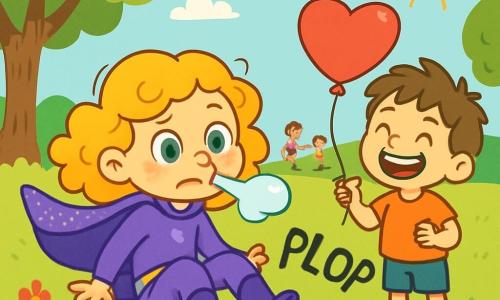 Sally, a young girl with curly golden hair, wears a purple superhero costume with a sparkling cape. She has a joyful yet slightly puzzled expression, her big green eyes sparkling with humor as she struggles to bounce but ends up falling to the ground with a 