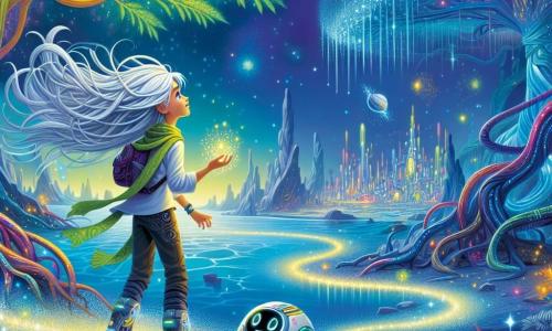 Astra Veyra is a young woman with silver hair floating like strands of light, her emerald eyes shining with wonder and determination. She stands on a sparkling ground, her hands resting on the vibrant earth, feeling the magic pulsing beneath her feet. Nearby, a small spherical robot named Zyn hovers at waist height, its blinking lights expressing joyful curiosity. It is covered in colorful metal panels and emits enthusiastic beeps. The setting is a spectacular alien landscape, with trees featuring crystalline leaves reaching towards the sky, their twisted roots in the air. Rivers of liquid light wind through a field of stardust, while a ruined city illuminated by blue flames looms on the horizon. The main scene shows Astra, awestruck and determined, ready to explore this mysterious world, while Zyn flits around her, adding a touch of magic and technology to their adventure.