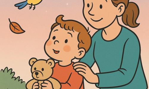 A 2-year-old boy with a round face, rosy cheeks and light brown wisps of hair, wearing a serene, amazed expression and holding a beige teddy, looks up at a pastel pink-and-blue sky where a small yellow-and-blue bird flies above him; his mother, about 28, brown hair tied, smiles gently with a hand on his shoulder, standing slightly behind to his right; the ground has soft green grass, a few round stones and a drifting orange leaf; pale stars begin to twinkle; calm, bright scene, warm colors, clear outlines in a soft, toddler-friendly comic style.