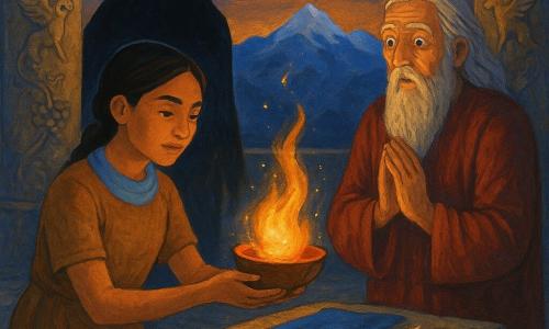 An adult woman with a gentle, focused face, resolute and serene expression, braided black hair, wearing a simple earth-toned dress and a sky-blue cloth tied around her neck, kneels before a small stone altar holding a copper cup with a glowing ember; an old priest with a wrinkled face, surprised eyes and long grey beard stands behind the altar to the right, hands clasped, reverently watching the nascent flame; a non-hostile shadowy creature with a fluid shape and ember-colored eyes stands back left at the edge of the pillars like a silent guardian; the Atashgah plateau is a wide grey stone terrace with pillars carved with winged bulls and vine reliefs, a bed of ancient black ashes at the center, snow-capped mountains in the background and an indigo-and-gold twilight sky; on the altar lies a piece of blue cloth on the ashes and a gold-edged white feather beside it, with small golden sparks drifting around the ember; the atmosphere is warm and mystical with soft flame light illuminating faces, long bluish shadows, rough stone textures and weathered pillar paint, a hint of gold dust in the air; style: gouache with visible brushstrokes, rich ochres, deep blues and carmine red, childlike yet detailed rendering, strong contrast between the warmth of the flame and the cool night sky.