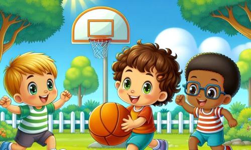 En un parque soleado, tres niños de dos años juegan al baloncesto. Juan, un pequeño con cabello castaño y rizado, está en el centro, sosteniendo una gran pelota naranja con una gran sonrisa. A su izquierda, Paco, un niño rubio con ojos brillantes, lo anima levantando los brazos. A la derecha, Luis, un pequeño con cabello negro y gafas, se prepara para correr hacia la canasta con aire decidido. El parque está lleno de vegetación, con majestuosos árboles y flores coloridas. Un cielo azul brillante y algunas nubes blancas flotan suavemente. Al fondo, se ve una canasta de baloncesto, rodeada de un césped bien cuidado. La escena muestra a Juan lanzando la pelota hacia la canasta, mientras Paco y Luis lo animan con entusiasmo. La atmósfera es alegre y dinámica, llena de risas y amistad.