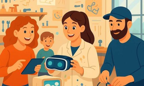 Ana este o inventatoare souriantă și émerveillée, păr șaten prins în coadă de cal, halat bej pătat cu vopsea, ținând ochelari VR strălucitori și privind ecranul unui prototip așezat pe un banc de lucru; Maria, circa 28 de ani, păr roșcat ondulat, stând în stânga Anei și arătând cu entuziasm o tabletă; Andrei, circa 30 de ani, barbă scurtă și șapcă albastră, în dreapta Anei ajustând firele și o mică mașină pe masă; în fundal, doi copii (un băiat de 8 ani și o fată de 7 ani) râd purtând căști VR colorate la gât; atelierul e spațios și luminos, cu schițe colorate pe pereți, rafturi din lemn cu unelte metalice, lămpi industriale suspendate și o mare fereastră care lasă lumina dimineții; scena surprinde echipa testând prototipul unui joc educațional, cu mașini, cabluri și obiecte inventive pe banc, atmosferă caldă și culori vii, compoziție centrată pe Ana și ecranul prototipului.