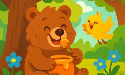 Un gran oso pardo, llamado Bruno, con un pelaje suave y despeinado, está sentado bajo un gran árbol, con los ojos brillantes de felicidad y una amplia sonrisa en su rostro. Sostiene un tarro de miel dorada, lamiendo una cuchara con aire satisfecho. A su lado, un pequeño pájaro amarillo con plumas brillantes y ojos chispeantes vuela alegremente, con las alas desplegadas, riendo y señalando hacia las flores azules que rodean el árbol. El lugar es un magnífico bosque encantado, lleno de grandes árboles con troncos retorcidos, flores coloridas y una suave luz filtrándose a través de las hojas. La escena principal muestra a Bruno disfrutando de su deliciosa miel, completamente absorto en su gula, mientras el pájaro lo anima a explorar las flores, creando una atmósfera alegre y divertida.