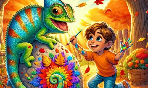 An illustration depicts a small chameleon with shimmering scales and bright colors, expressing great joy and wonder as it paints a colorful mural on a large smooth stone using autumn leaves to create vibrant patterns. Next to it, a boy with brown hair and sparkling eyes, wearing an orange t-shirt and denim shorts, watches in admiration, smiling with paint-covered hands, ready to add his personal touch to the artwork. In the background, an autumn forest unfolds with majestic trees displaying fiery red, orange, and yellow leaves, while sunlight filters through the branches, illuminating the scene with a warm golden light. The main focus shows the chameleon and the boy joyfully collaborating to create a piece of art that celebrates the beauty of autumn, surrounded by laughter and bright colors. Other graphic elements include falling leaves, decorative pumpkins, and curious villagers approaching to admire their work, adding a lively and friendly touch to the illustration.