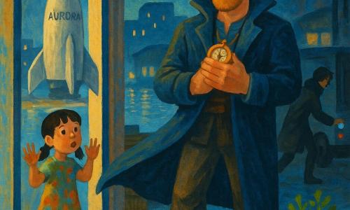 A tall, sturdy man, Captain Meridian, with a thin lightning-shaped scar, bright green eyes and a determined yet gentle expression, wearing a navy long coat that billows, worn boots and holding a small brass compass to his chest; an about-8-year-old girl, Mina, black pigtails and a paint-stained colorful dress, stands at the hangar window on the left with hands pressed to the glass, amazed by the shuttle; a cloaked stranger in a dark coat (young adult, masculine), agile silhouette and half-hidden face, hesitantly reaches toward a small shiny metal device on a dark van in the background; the waterfront hangar has open metal doors, cold blue and yellow lights reflecting on the wet floor, crates labeled 