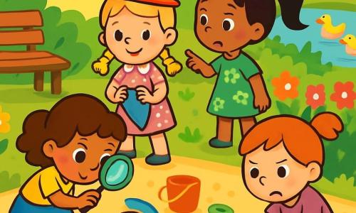 Es gibt 4 Kinder: - Leni: ein 3-jähriges Mädchen mit blonden Zöpfen, sie trägt ein rosa Kleid mit weißen Punkten und einen kleinen Hut. Sie steht und hält einen kleinen blauen Schal in ihren Händen, mit einem großen Lächeln im Gesicht. - Mia: ein 3-jähriges Mädchen mit lockigem braunem Haar, sie trägt ein gelbes T-Shirt und einen blauen Rock. Sie hockt und untersucht den Boden aufmerksam mit einer Lupe. - Noor: ein 3-jähriges Mädchen mit schwarzen Pferdeschwanz, sie trägt ein grünes Kleid mit Blumen. Sie steht neben Leni und zeigt neugierig auf die Blumen. - Tilda: ein 3-jähriges Mädchen mit roten Haaren, sie trägt ein lila T-Shirt und eine Jeansshorts. Sie sitzt auf dem Boden, umgeben von Spielzeug, mit einem entschlossenen Gesichtsausdruck. Der Ort der Hauptsituation ist ein schöner sonniger Garten, gefüllt mit bunten Blumen und üppigem Grün. In der Mitte gibt es einen großen Sandkasten mit verstreutem Spielzeug und eine kleine grüne Hecke, die den Garten umgibt. Eine alte Holzbank steht neben dem Sandkasten, und im Hintergrund ist ein kleiner glitzernder Teich zu sehen, in dem Enten friedlich schwimmen. Die Hauptsituation der Geschichte zeigt die vier Kinder, die Detektive spielen und nach einem verlorenen kleinen blauen Schal suchen. Sie durchkämmen den Boden, schauen unter die Spielsachen und lauschen aufmerksam den Geräuschen um sie herum, mit neugierigen und aufgeregten Gesichtsausdrücken.