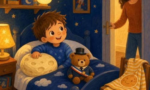 Milo is een 4-jarige jongen met grote heldere ogen, verwonderde glimlach en warrig bruin haar, zittend in bed terwijl hij drie keer knippert; zijn gestreepte pyjama op een stoel lijkt op een grote zachte gouden pannenkoek, zijn witte kussen is getekend als een rond, luchtig stuk kaas waarop Milo zijn hand legt, en zijn knuffelbeer is een "burgemeester" met ronde silhouet en klein hoedje op de deken naast hem; mama, een dertiger met los haar en een vriendelijke glimlach, staat in de deurpost met haar hand aan de handgreep en kijkt teder naar Milo; de kamer is gezellig en warm met nachtblauwe muren met geschilderde sterren, een geel vloerlampje dat een zacht halo werpt, een deken met wolkenmotief en een maan-nachtlampje; hoofdscène: speels en kalm naar-bed-gaan — Milo knippert en ziet zijn pyjama als pannenkoek, zijn kussen als kaas en zijn beer als burgemeester, met zachte pasteltinten, zichtbare gouachetexturen, gedimd licht en een geruststellende sfeer.