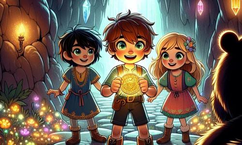 Tres pequeños aventureros están en el centro de una cueva mágica. Lucas, un niño de nueve años con el cabello castaño desordenado y ojos brillantes, mira maravillado un medallón dorado que sostiene en sus manos. A su derecha, Sofía, una niña de nueve años con cabello largo y rubio, lleva un vestido colorido y sonríe con determinación, lista para resolver los misterios de la cueva. A la izquierda, Tomás, un niño de nueve años con gafas y cabello negro, observa atentamente a un gran oso que está frente a ellos, con una mirada curiosa. La cueva está iluminada por cristales brillantes en las paredes, proyectando reflejos multicolores en el suelo de piedra. En la entrada, lianas y flores luminosas crean una atmósfera mágica y misteriosa. Los tres amigos se preparan para enfrentar el desafío del oso, que les ha planteado tres enigmas para probar su valentía y amistad. La emoción y la ansiedad se reflejan en sus rostros mientras se toman de la mano, listos para afrontar lo desconocido juntos.