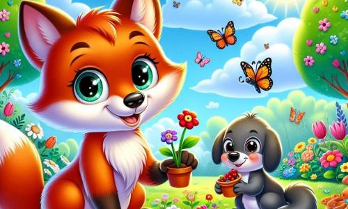 Ein kleiner roter Fuchs namens Felix, mit glänzendem Fell und neugierigen Augen, pflanzt Blumenkerne in einem sonnigen Garten. Er lächelt begeistert und stolz. Neben ihm hält ein schelmisches Eichhörnchen mit grauem Fell und buschigem Schwanz eine kleine Schale mit Beeren und schaut Felix bewundernd und fröhlich an. Im Hintergrund beobachtet ein freundlicher Dachs mit schwarz-weißem Fell die Szene, die Pfoten verschränkt und mit einem ermutigenden, stolzen Ausdruck. Der Garten ist voller bunter Blumen, schwirrender Schmetterlinge und grüner Bäume, unter einem klaren blauen Himmel mit flauschigen weißen Wolken. Die Szene strahlt eine fröhliche, frühlingshafte Atmosphäre aus und symbolisiert die Magie der erwachenden Natur.