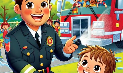 Ein Feuerwehrmann namens Max wird mit einem breiten Lächeln dargestellt, trägt eine leuchtend rote Uniform und einen glänzenden Helm. Er hat braune Haare und einen gut gestutzten Bart und zeigt stolz ein großes Feuerwehrauto den Kindern. Neben ihm schaut ein kleiner Junge namens Tim, 7 Jahre alt, mit zerzausten blonden Haaren und einem blauen T-Shirt, fasziniert auf das Auto und ist bereit, die große Leiter zu erklimmen. Hinter ihnen spielt eine Gruppe lächelnder Kinder unterschiedlichen Alters mit einem Gartenschlauch und spritzt lachend Wasser. Die Szene findet in einem sonnigen Park mit üppigen grünen Bäumen und bunten Blumen statt, was eine fröhliche und einladende Atmosphäre schafft. In dieser Illustration erklärt Max den Kindern die Bedeutung des Brandschutzes, während Tim, voller Begeisterung, sich darauf vorbereitet, auf das Feuerwehrauto zu klettern, was Lernen und Mut symbolisiert.