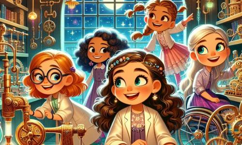 Quattro ragazze di dieci anni si trovano insieme in un laboratorio magico. Livia, con i suoi capelli ricci e il sorriso splendente, indossa un camice da scienziata e danza felicemente. Clara, con gli occhiali rotondi e i capelli intrecciati, osserva un antico libro con occhi pieni di curiosità. Sofia, con le scarpe luminose e i capelli lisci, si avvicina a un robot di metallo di nome Gigi, che brilla di mille luci. Infine, Marta, sorridente e determinata, è seduta sulla sua sedia a rotelle, circondata da gadget strani, pronta a risolvere enigmi. Il laboratorio è un luogo incantevole, pieno di strumenti colorati, libri antichi e macchine ronzanti. Le ragazze scoprono un antico codice segreto in un libro che promette di rivelare una tecnologia magica e sono pronte a partire per un'avventura alla ricerca del Cuore di AnticaTecnologia, un cristallo misterioso che può cambiare il mondo.