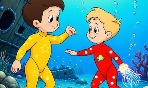 Dos niños de 4 años: uno de pelo castaño corto y ojos curiosos, con traje de buceo amarillo con estrellas, sostiene la mano del otro y nada a la izquierda del barco hundido mirando a un pez azul a rayas; el otro, de pelo rubio rizado y gran sonrisa, lleva un traje rojo con lunares blancos, está a la derecha del casco y extiende la mano hacia una medusa luminosa sin tocarla. Fondo marino claro y tranquilo, arena dorada y una vieja embarcación de madera en el centro entre algas verdes, bancos de peces coloridos, burbujas y rayos de luz filtrados. Situación: exploran la barca sumergida y colocan una pequeña carta sobre una piedra ante la puerta del cascarón; un cangrejo rojo vigila en la proa y una medusa brillante flota junto a la carta; ambiente suave, colores vivos y expresiones maravilladas.