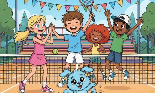 There are five characters: Leo, about 10, messy brown hair and a shy smile in a light blue T‑shirt and white shorts standing center court with a raised racket, excited; Mia, about 9, long blonde ponytail in a pink sports dress to Leo’s left clapping; Ben, about 10, short black hair in a green T‑shirt and backward cap to Leo’s right jumping with one hand up; Ella, about 9, curly red hair in a yellow tank top slightly behind Leo laughing and high‑fiving Mia; and Ace, a small male magical dog with fluffy sky‑blue fur and sparkling big eyes in the foreground on his hind legs dancing joyfully. Location: outdoor tennis court with a light ochre surface, crisp white lines, a dark green net, colorful wooden stands, a blue sky with soft clouds, stylized green trees and a multicolored festive banner overhead. Main scene: the team celebrates a tight match with movement, laughter, falling confetti, flying tennis balls and small drawn stars around Ace to show magic; bright contrasting palette, clean outlines, joyful energetic mood.