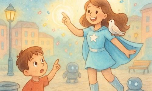 Una mujer superhéroe, Luma Rayo, alta y sonriente con capa azul celeste, botas plateadas y brazalete luminoso, salta con los brazos extendidos formando una gran burbuja de luz que atrae confeti; un niño de unos 6 años, cabello castaño corto y rostro asombrado, la señala desde el primer plano a la izquierda junto a un cubo de basura; una paloma blanca está en su hombro derecho; detrás, dos pequeños robots de limpieza grises con ojos LED azules cobran vida en la plaza empedrada, iluminada por farolas cálidas, con bancos y edificios coloridos de fondo y un tren de estrellas en el cielo; la escena, en tonos pastel y texturas acuarela con toques de gel blanco, muestra movimiento circular, destellos suaves y una atmósfera limpia y amable.