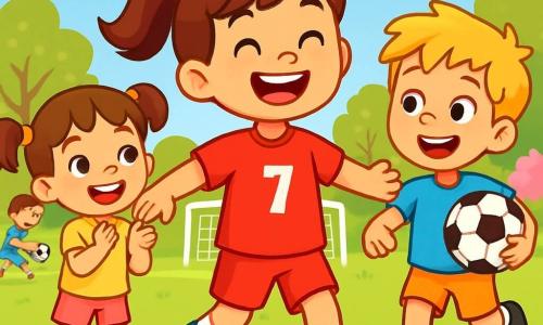 A young girl, Mia, is at the center of the image with brown hair tied in a ponytail. She wears a bright red jersey with the number 7 and shiny blue football shoes. Her face radiates joy and enthusiasm as she smiles widely, arms open, ready to play. To her right, a boy named Max, 8 years old, has messy blonde hair and wears a blue t-shirt. He runs towards Mia with a big smile, holding a football under his arm. To her left, a girl named Zoe, 7 years old, has pigtails and wears pink shorts. She enthusiastically claps, her eyes sparkling with excitement. The setting is a large green football field under a bright blue sky, with flowering trees in the background. Children are playing around, some practicing dribbling, others enjoying passing the ball. The scene shows Mia leading a group of happy children, all ready to learn and have fun together in an atmosphere of camaraderie and happiness.