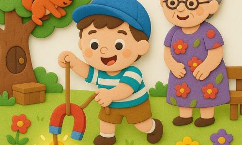 Menino de 4 anos, rosto redondo e bochechas rosadas, olhos brilhantes e sorriso entusiasmado, usa chapéu azul, camiseta listrada e bermuda cáqui, puxa uma chave dourada de um pequeno lago com uma corda e um ímã vermelho; avó de cerca de 65 anos, cabelos grisalhos presos em coque trançado, vestido florido, sorri com ternura e está de pé junto a um banco de madeira à direita; um pequeno esquilo ruivo com olhos vivos salta numa galha baixa à esquerda, rabo eriçado, olhando para o menino; jardim ensolarado com relva macia, flores coloridas (vermelhas, amarelas, violetas), lago calmo com reflexos azuis, uma grande árvore oca com porta redonda de madeira e uma caixa de madeira visível; cena principal de descoberta alegre, a chave dourada brilha ao ser atraída pelo ímã, com brilhos suaves, ambiente acolhedor e lúdico, texturas espessas e cores vivas estilo adesivos de EVA.
