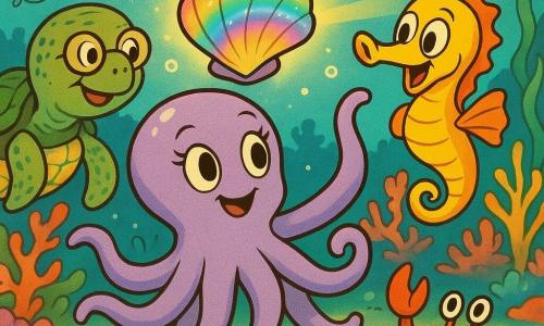 Eine kleine weibliche Oktopus namens Oda mit rundem Gesicht, großen ausdrucksvollen Augen und leicht gewellten lilafarbenen Tentakeln hält lächelnd eine glänzende, regenbogenfarbene Muschel; rechts wirbelt der verspielte gelb-orange Seepferdchen Lenny und zeigt mit seiner Flosse auf die Muschel; links hinten sitzt die alte grüne Schildkröte Tilda mit rauer Panzerstruktur, korallenartigen Mustern und runden Brillen beobachtend; vorn am Sand ein fröhlicher roter Krabbe mit erhobenen Scheren; mehrere blaue und grüne Leuchtfische bilden einen sanften Lichtring; Schauplatz ist ein bunter Korallenriff mit langen Seegräsern, Muschelpalmen, Schwärmen kunterbunter Fische, goldenen Sonnenstrahlen durch türkisfarbenes Wasser und funkelndem Sand; Szene: Entdeckung eines Unterwasserschatzes, helle, gesättigte Pastellfarben, glatte, weiche Texturen, zentrierte Komposition auf der glänzenden Muschel, Illustration mit fließenden Linien, runden Formen und klarem Drucklayout für Kinderachsen.