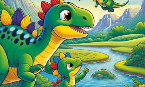 Een stegosaurus genaamd Steggy, met een groene huid en gekleurde rugplaten, toont moed en vastberadenheid terwijl hij naar de lucht kijkt, klaar om zijn familie te beschermen. Naast hem wijst zijn kleine broertje Timmy, een jonge stegosaurus met sprankelende ogen en een gele huid, met zijn poot naar een grote pterosaurus die boven hen vliegt. Op de achtergrond staat hun zorgzame moederstegosaurus dicht bij de rivier, met bezorgde maar trotse ogen. Het decor is een uitgestrekte groene vallei met majestueuze bergen op de achtergrond, kleurrijke bloemen en een glinsterende rivier die door het landschap slingert. De belangrijkste situatie toont Steggy en zijn familie, verzameld en verenigd, terwijl ze de naderende pterosaurus observeren die hen komt beschermen, wat een sfeer van veiligheid en vriendschap creëert.