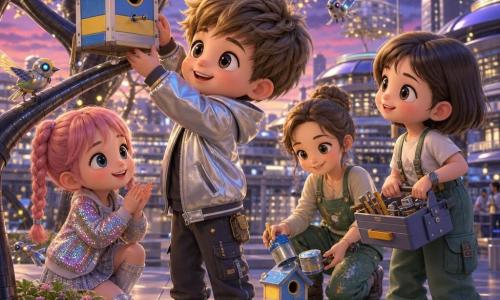 A happy, focused 10-year-old boy with a round face, bright eyes and messy light-brown hair in a silver hoodie and glowing sneakers fixes a small metal birdhouse painted blue, yellow and silver to a low branch; to his left a curious ~9-year-old girl with pink braided hair and a sequin jacket leans forward clapping softly, to his right a smiling ~11-year-old girl with short brown hair in green cargo pants holds a toolbox ready to help, and behind them a kind ~35-year-old gardener with tied-back hair and paint-stained overalls crouches pouring waterproofing paint on another birdhouse; several small colorful mechanical birds with solar wings and LED eyes flutter and perch around them on a suspended urban plaza at dusk with smooth paving, luminous digital trees, futuristic stalls and rounded benches, creating a warm, lively scene of children installing a birdhouse to attract mechanical birds with soft lights and metallic reflections.