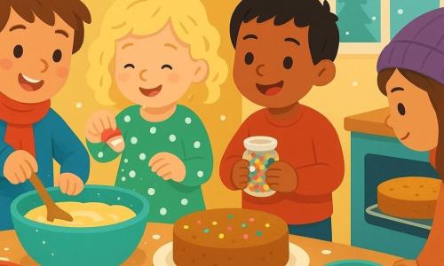 Há 4 crianças: Lucas, um menino de 8 anos, com cabelos castanhos desgrenhados e olhos brilhantes, vestindo um casaco azul e um cachecol vermelho, mistura a massa do bolo com entusiasmo. Clara, uma menina de 7 anos, com cabelos loiros cacheados e usando um vestido verde com bolinhas brancas, adiciona ingredientes especiais na tigela. Miguel, um menino de 8 anos, com cabelos pretos curtos e um sorriso travesso, vestido com um suéter vermelho, segura um pote de pérolas coloridas para decorar o bolo. Sofia, uma menina de 8 anos, com cabelos castanhos e usando um gorro roxo, observa o forno com atenção. O local é uma pequena cozinha acolhedora, com paredes amarelas e uma grande janela pela qual se vê a neve caindo suavemente lá fora. A mesa está coberta de farinha e vários ingredientes coloridos, criando uma atmosfera alegre e festiva. A situação principal mostra as crianças preparando um bolo de Natal juntas, com risadas e farinha voando no ar. A atmosfera está cheia de alegria e cumplicidade, capturando o espírito mágico do Natal.