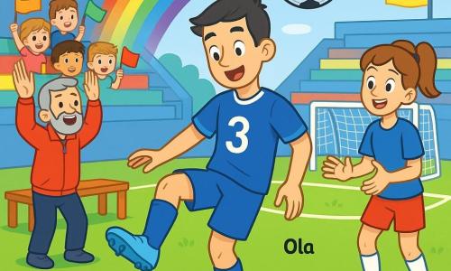 Główny zawodnik mężczyzna 20–30 lat, krótke ciemne włosy, wyraz zdeterminowany i radosny, niebieska koszulka z numerem 3, błękitne buty, wykonuje 