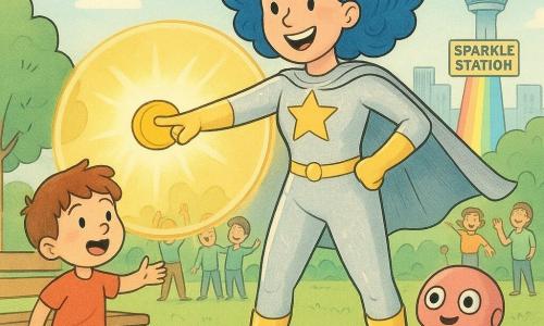 A tall, smiling superheroine with springy bright blue curls wears a shiny silver costume, yellow boots and a large gold star on her chest, striking a heroic pose as she presses a big yellow button; a small round pink robot named Pip with glowing buttons and tiny wheels beeps happily near her right foot; a six-year-old boy with chestnut hair, his hat blown by the wind, stands left by a bench laughing as he reaches for it; the bright city-park setting has green lawn, rounded trees, gleaming buildings and a control tower labeled Sparkle Station emitting a rainbow beam that strengthens a glowing semi‑transparent golden bubble shield while children and adults dance and smile in the background.