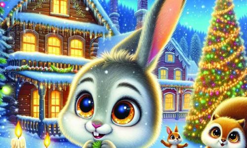 Ein kleiner Hase mit funkelnden Augen und weichem, seidig glänzendem Fell namens Luki steht im Mittelpunkt der Szene, sein Gesicht strahlt vor Aufregung und Entschlossenheit. Um ihn herum fallen sanft glitzernde Schneeflocken. An seiner rechten Seite lächelt ein schelmisches Eichhörnchen, Fips, mit braunem Fell und vollen Nussbacken, während es eine kleine bunte Girlande hält. Links beobachtet eine weise Eule mit goldenen Federn, Ella, aufmerksam, ihre großen runden Augen leuchten vor Intelligenz und Neugier, bereit, Ratschläge zu geben. Die Kulisse ist ein bezauberndes Winterdorf mit Holzhäusern, deren Dächer mit Schnee bedeckt sind, funkelnden Lichtern, die zu leuchten beginnen, und einem großen Weihnachtsbaum, der im Zentrum des Platzes mit funkelnden Kerzen geschmückt ist. Die Szene strahlt eine festliche und warme Atmosphäre aus, während die Tiere sich versammeln, um den Baum zu schmücken, erfüllt von Hoffnung und Freude, bereit, gemeinsam Weihnachten zu feiern.