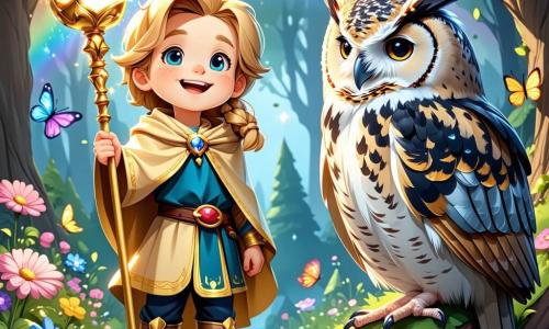 Ein junger Prinz, etwa 8 Jahre alt, mit langen blonden Haaren und neugierigen, funkelnden Augen, trägt eine goldene Tunika und glänzende Stiefel. Er ist fröhlich und lächelnd, hält einen großen goldenen Stock voller glitzerndem Wasser. Neben ihm sitzt eine weise Eule mit silbernen Federn auf einem Ast und beobachtet mit runden, schelmischen Augen, bereit, den Prinzen zu führen. Die Szenerie ist ein verzauberter Garten voller leuchtender Blumen in lebhaften Farben, die wie Sterne in der Sonne strahlen. Bunte Schmetterlinge tanzen um die Blumen, und ein heller Regenbogen spannt sich über ihnen und verleiht der Szene einen magischen Touch. Die Hauptsituation zeigt den Prinzen, der fröhlich zu den durstigen Blumen läuft, bereit, sie mit dem kostbaren Wasser zu gießen, das er im magischen Garten gefunden hat. Die zarten Blütenblätter scheinen sich hoffnungsvoll und dankbar zu ihm zu neigen.