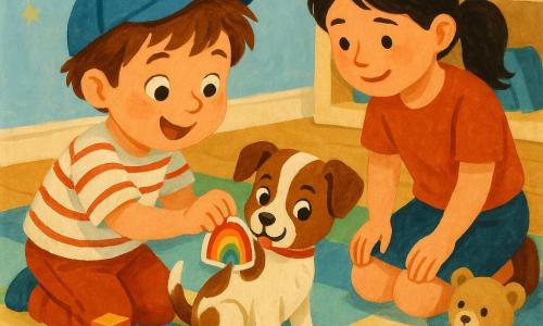 A smiling, wide‑eyed 4‑year‑old boy with tousled brown hair wearing a blue cap and striped t‑shirt kneels on a colorful play rug, reaching to peel a rainbow sticker off the back of a brown-and-white spotted puppy; his about-8-year-old sister with black ponytail and a gentle smile kneels beside him watching with affection, a beige teddy bear near a block tower looks on, and the bright bedroom — pale blue star-painted walls, wooden shelves of books and game boxes, an open blue backpack and scattered crayons on a geometric rug — frames this tender, joyful moment rendered in gouache with visible texture, saturated colors and soft edges.