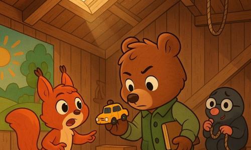 Bruno, un joven oso detective de pelaje castaño y expresión concentrada y amable, con un pequeño chaleco verde y un cuaderno 