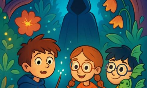 Un joven aprendiz de mago llamado Lucas, de unos 12 años, se encuentra al borde de un jardín misterioso, con los ojos llenos de curiosidad y asombro. Tiene el cabello castaño desordenado, una capa de mago azul oscuro que brilla ligeramente, y en su mano sostiene una varita de madera, listo para la acción. A su lado, Emma, una niña de 11 años con trenzas pelirrojas y gafas redondas, mezcla una poción burbujeante en un pequeño caldero de hierro, con los ojos brillantes de travesura. Simón, un chico de 12 años con cabello negro y gafas gruesas, observa un pequeño dragón verde que vuela a su alrededor, con una sonrisa tímida en el rostro. El jardín está lleno de plantas luminosas de colores vivos, flores gigantes que parecen susurrar y árboles de troncos torcidos, creando una atmósfera mágica y misteriosa. La escena principal muestra a Lucas, Emma y Simón descubriendo una figura encapuchada que emite un resplandor azulado, los tres amigos se miran con una mezcla de emoción y aprensión, listos para enfrentar lo desconocido que se oculta en la sombra.