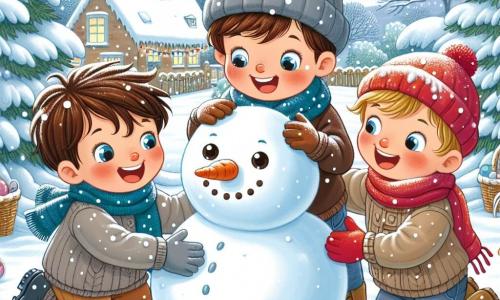 In einem verschneiten Garten haben drei fünfjährige Jungen Spaß daran, einen Schneemann zu bauen. Max, ein kleiner Junge mit braunen Haaren und funkelnden Augen, rollt einen großen Schneeball und lacht vor Freude. Neben ihm hält Leo, ein Junge mit blonden Haaren und roten Wangen, eine Karotte in den Händen, bereit, sie als Nase auf den Schneemann zu setzen. Paul, ein weiterer Junge mit kastanienbraunen Haaren und einer roten Mütze, beugt sich, um einen alten Hut auf den Kopf des Schneemanns zu setzen, mit einem breiten Lächeln im Gesicht. Der Garten ist mit einer dicken Schicht glitzernden Schnees bedeckt, die Bäume haben Äste voller weißer Flocken, und der Himmel ist hellblau mit fluffigen Wolken. Im Hintergrund sind Häuser mit schneebedeckten Dächern zu sehen, die mit Lichterketten geschmückt sind. Die drei Freunde sind in vollem Einsatz, lachen und spielen zusammen, während sie ihren Schneemann erschaffen, der Freundschaft und die Magie des Winters symbolisiert.