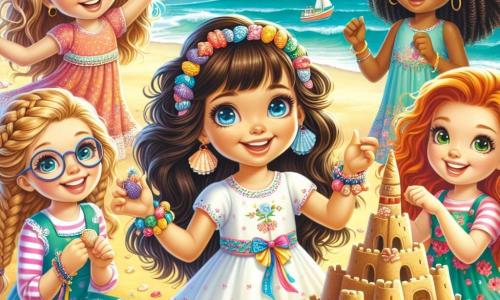 In una scena gioiosa sulla spiaggia, cinque ragazze di nove anni sono riunite. Martina, con i capelli castani e gli occhi scintillanti, sorride tenendo un braccialetto colorato fatto di conchiglie. A destra, Sofia, con i capelli ricci e dorati, alza le braccia in aria, piena di energia. A sinistra, Chiara, con gli occhiali e le trecce, mostra una stella marina trovata. Elisa, con i capelli neri e un vestito a fiori, decora un castello di sabbia con conchiglie. Infine, Giulia, con i capelli rossi e un cappello di paglia, balla felicemente sulla sabbia. Lo sfondo è una splendida spiaggia soleggiata, con onde turchesi che lambiscono la riva e un cielo blu brillante. In lontananza si vede un grande castello di sabbia decorato con bandiere di alghe e piccoli fossati, mentre un tramonto dorato illumina la scena. Le ragazze festeggiano il compleanno di Martina, cantando attorno a una "torta" di sabbia decorata con conchiglie e una candela, creando un'atmosfera festosa e amichevole.