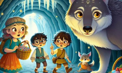 In una caverna misteriosa, un grande lupo grigio, con un pelo lucente e occhi scintillanti, si trova al centro, osservando con curiosità i quattro bambini. A destra, Marco, un ragazzo di 10 anni con capelli castani disordinati e un'espressione coraggiosa, indica una pietra brillante a terra. A sinistra, Sara, una bambina di 9 anni con lunghi capelli biondi e un vestito colorato, guarda il lupo con occhi meravigliati. Dietro Marco, Luca, un ragazzo di 11 anni con occhiali e un sorriso malizioso, tiene un cesto pieno di bacche colorate, pronto a offrirle al lupo. Infine, Tommaso, il più piccolo con i suoi 7 anni, capelli castani e guance rotonde, si nasconde leggermente dietro Sara ma osserva la scena con fascinazione. La caverna è ampia, con muri decorati da simboli antichi e stalattiti scintillanti che pendono dal soffitto. Un sentiero di pietre luminose si snoda attraverso il pavimento, illuminando lo spazio con una dolce luce. I bambini cercano di convincere il lupo ad ascoltarli, con espressioni di speranza e determinazione, mentre gli offrono bacche colorate per stabilire un legame di amicizia.