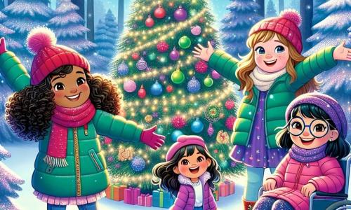 In una foresta incantata, quattro ragazze di otto anni sono insieme, circondate da neve scintillante. Giulia, con i capelli castani e ricci, indossa un berretto rosso e una sciarpa verde, sorridendo con entusiasmo. Alla sua destra, Sofia, con i capelli biondi e lisci, è vestita con un piumino rosa, saltellando di gioia con stelle negli occhi. A sinistra, Anna, con capelli castani e occhiali, indossa un cappotto blu e guarda curiosa un grande albero di Natale decorato. Infine, Marta, con capelli neri e ricci, è seduta sulla sua sedia a rotelle, vestita con un maglione viola, radiosa di felicità mentre tiene un peluche. Il luogo è una foresta magica, con alberi coperti di neve brillante e illuminati da ghirlande colorate. Al centro, un maestoso albero di Natale, adornato con palline multicolori e una stella dorata, scintilla sotto la luce delle stelle. Le quattro amiche scoprono l'albero di Natale, meravigliate dai regali che lo circondano, pronte a condividere la loro gioia e a fare desideri per aiutare gli altri, in un'atmosfera festosa e calorosa.